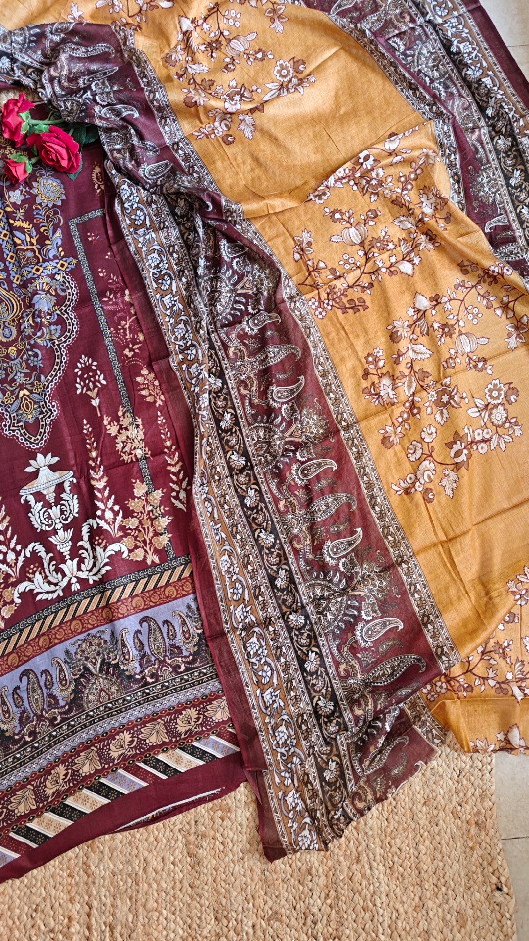 Maroon Mustard Cotton Printed Dress material.