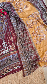 Maroon Mustard Cotton Printed Dress material.