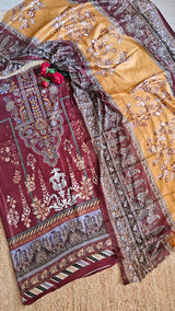 Maroon Mustard Cotton Printed Dress material.
