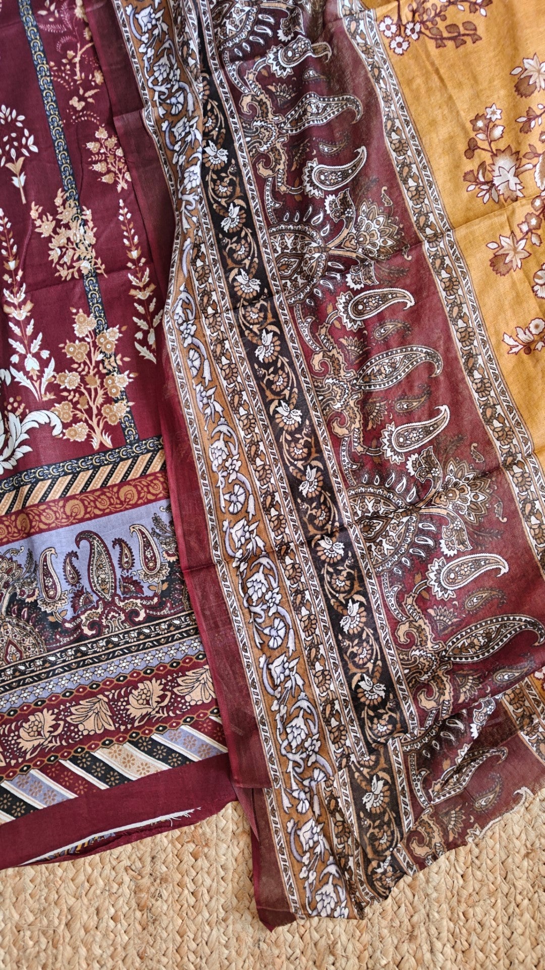 Maroon Mustard Cotton Printed Dress material.