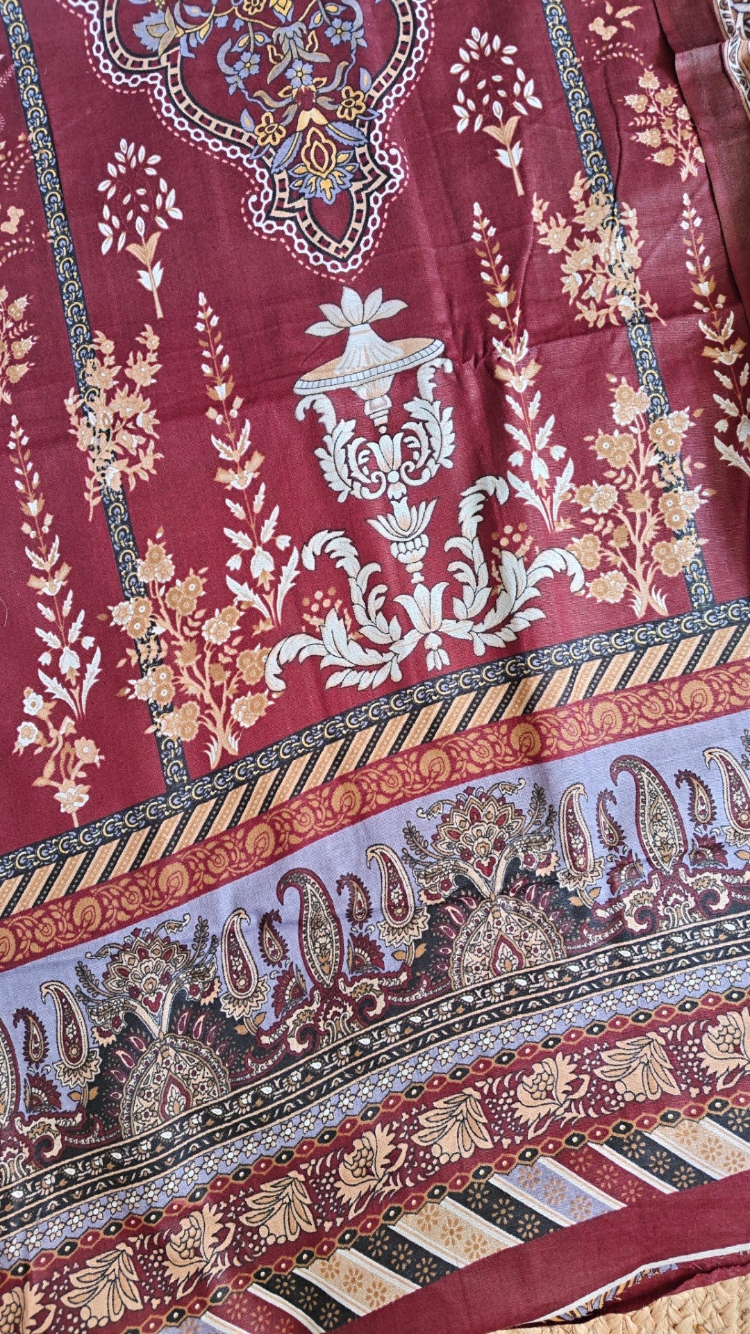 Maroon Mustard Cotton Printed Dress material.