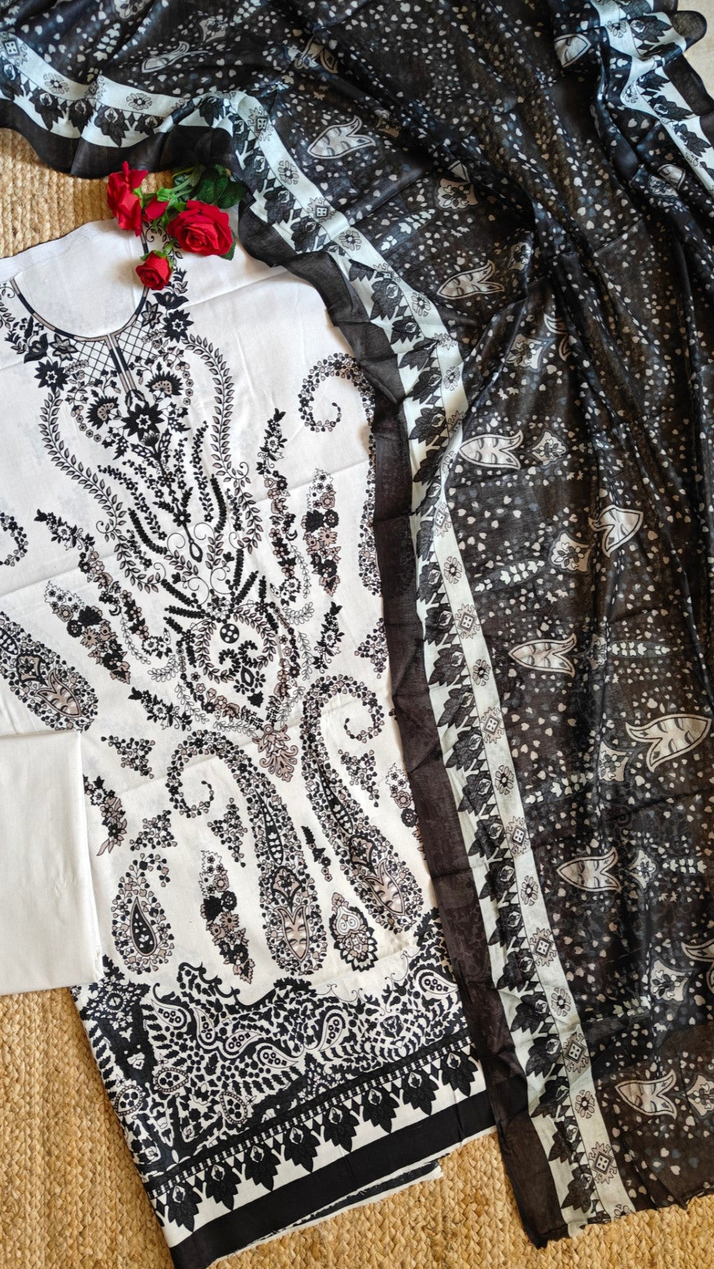 Black white Cotton Printed Dress material.