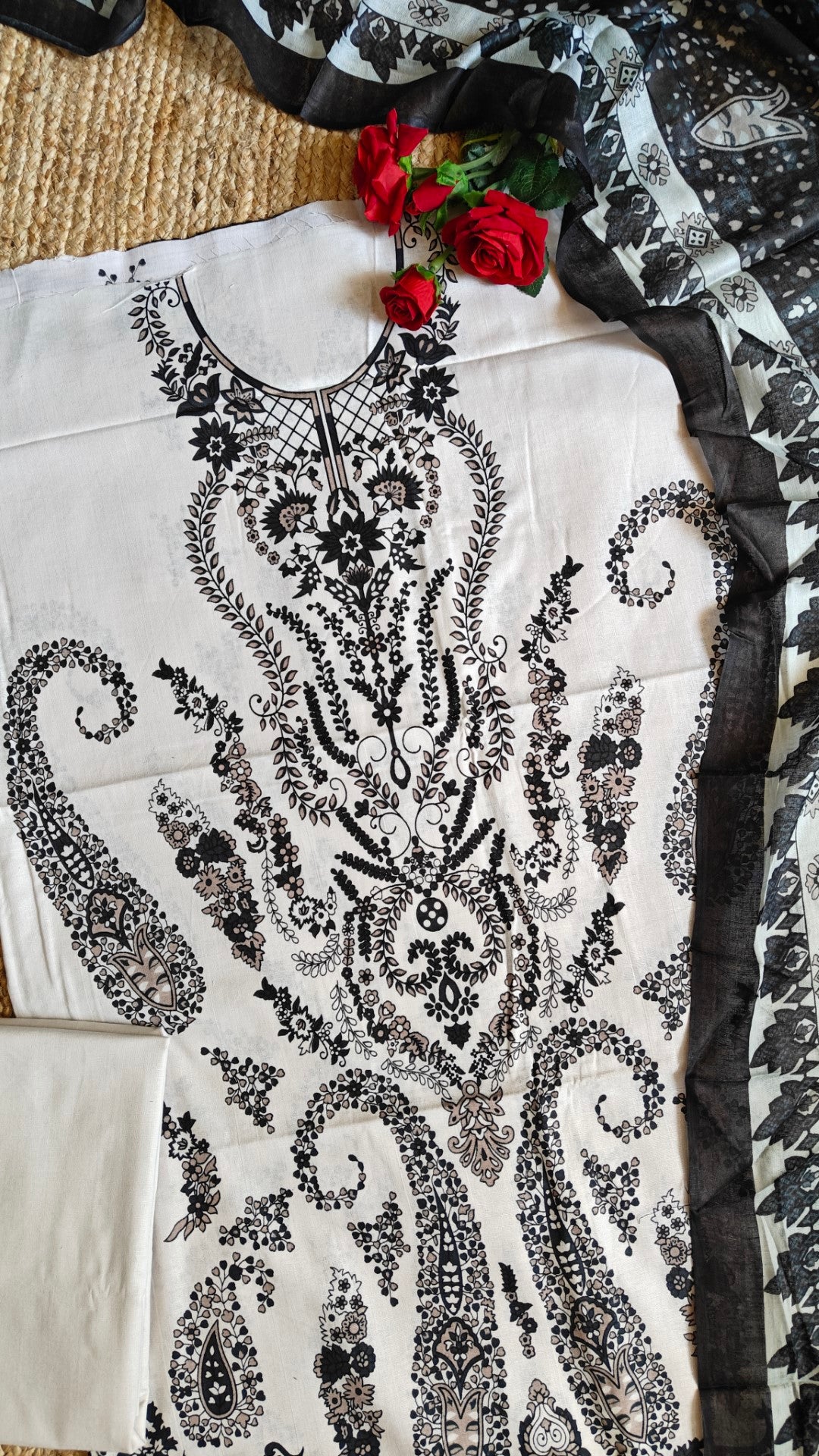 Black white Cotton Printed Dress material.