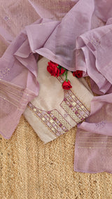 Linen Jamdani with French Knot embroidery dress material