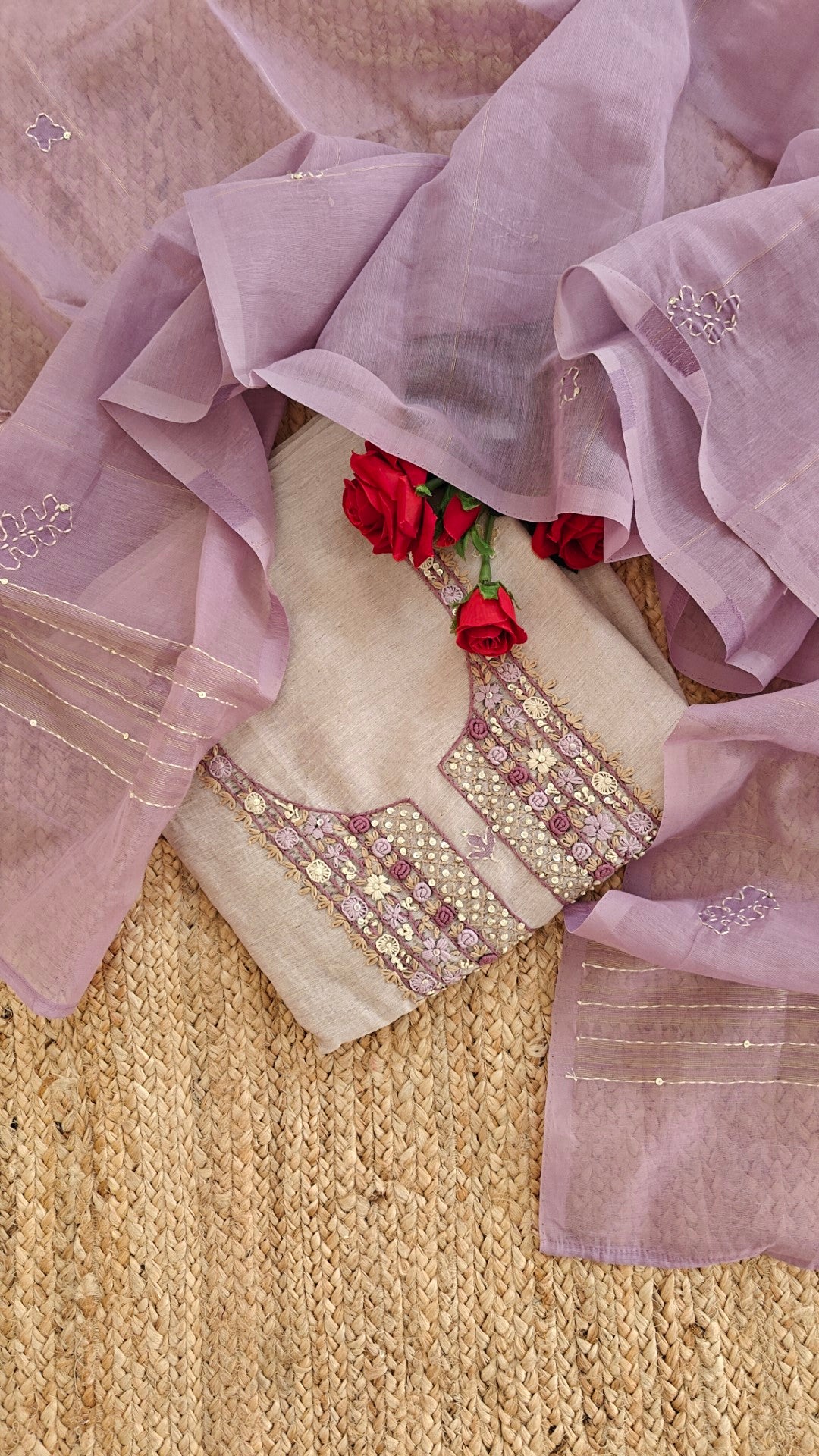 Linen Jamdani with French Knot embroidery dress material