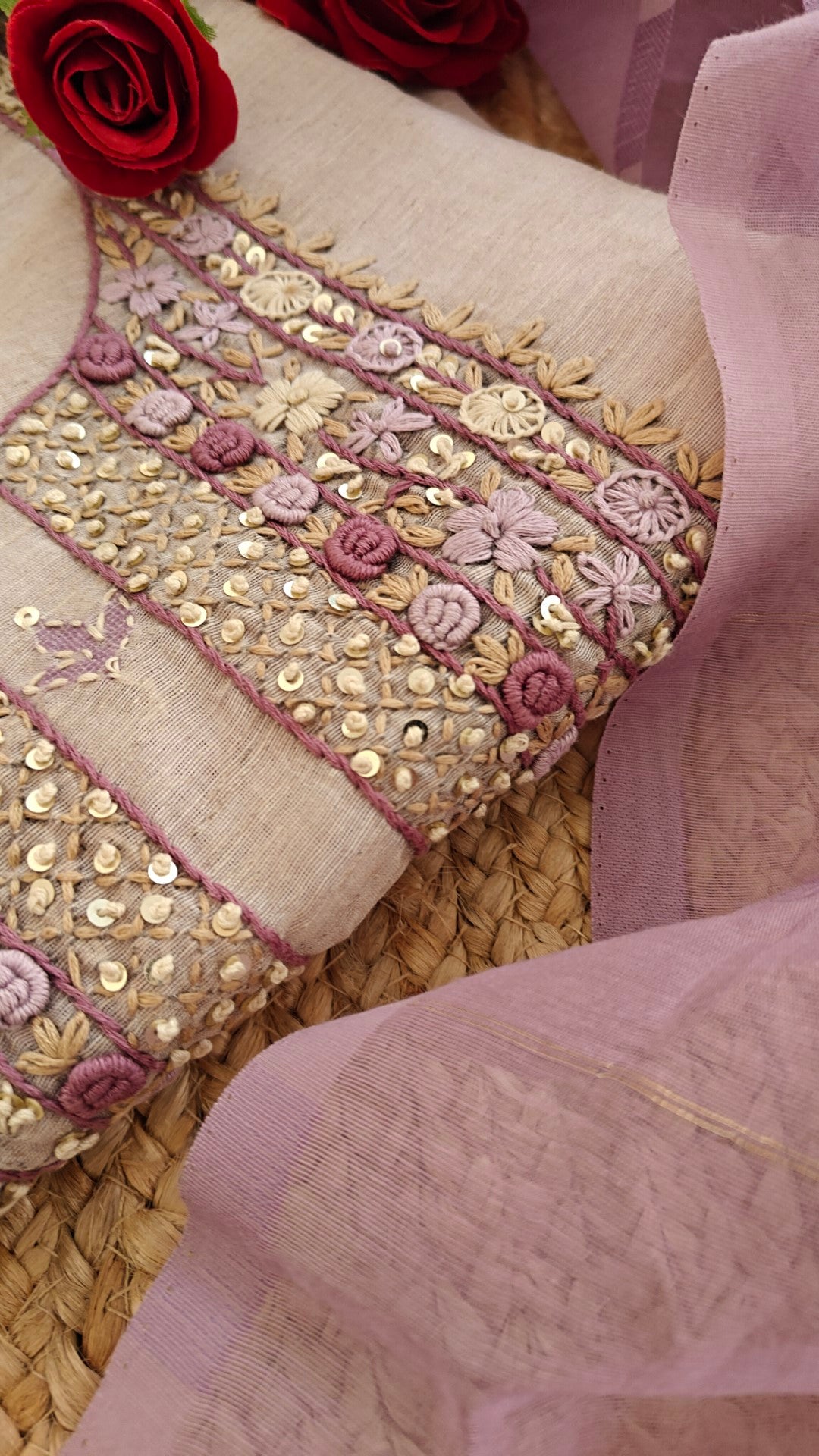 Linen Jamdani with French Knot embroidery dress material