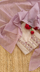 Linen Jamdani with French Knot embroidery dress material