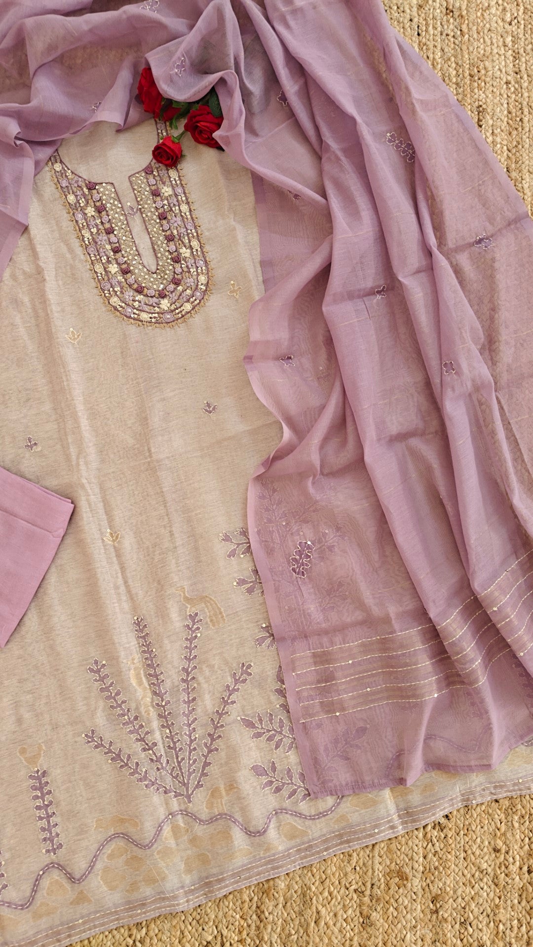 Linen Jamdani with French Knot embroidery dress material