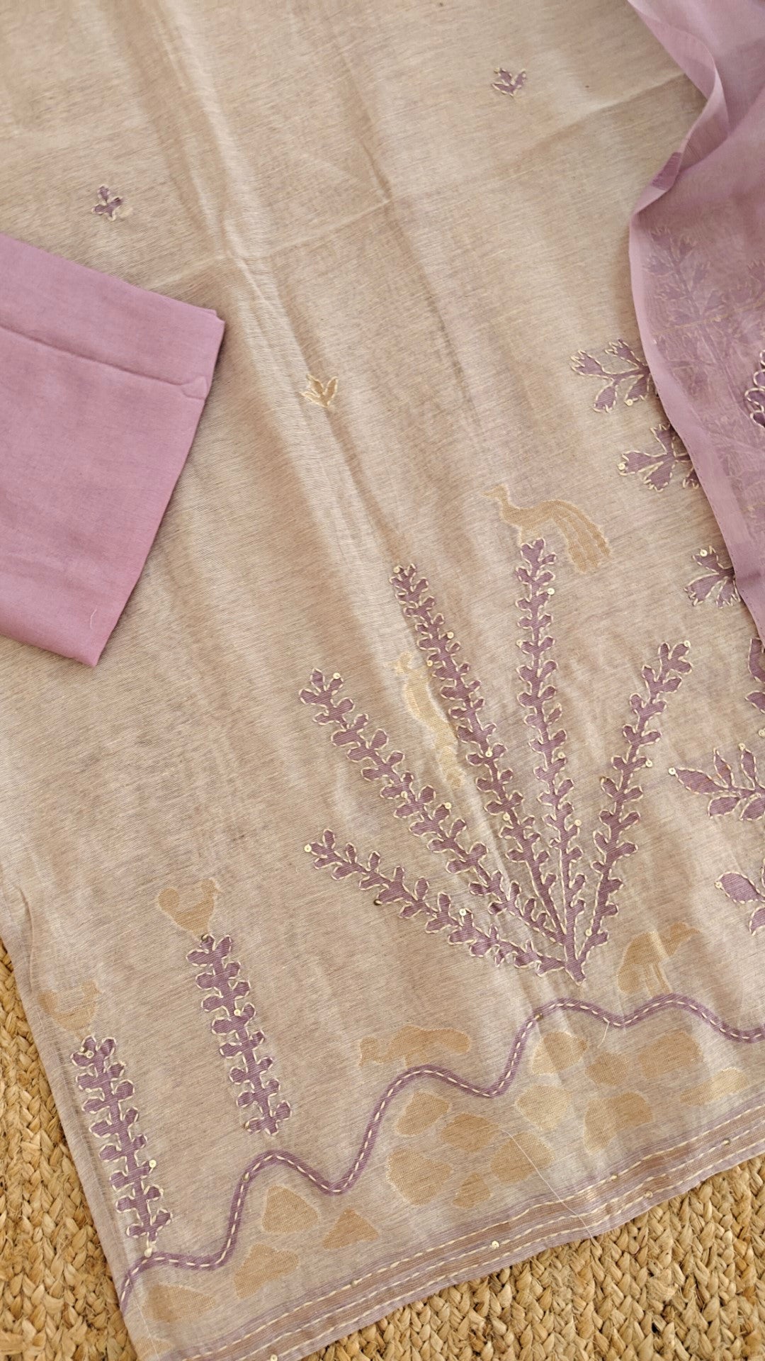 Linen Jamdani with French Knot embroidery dress material