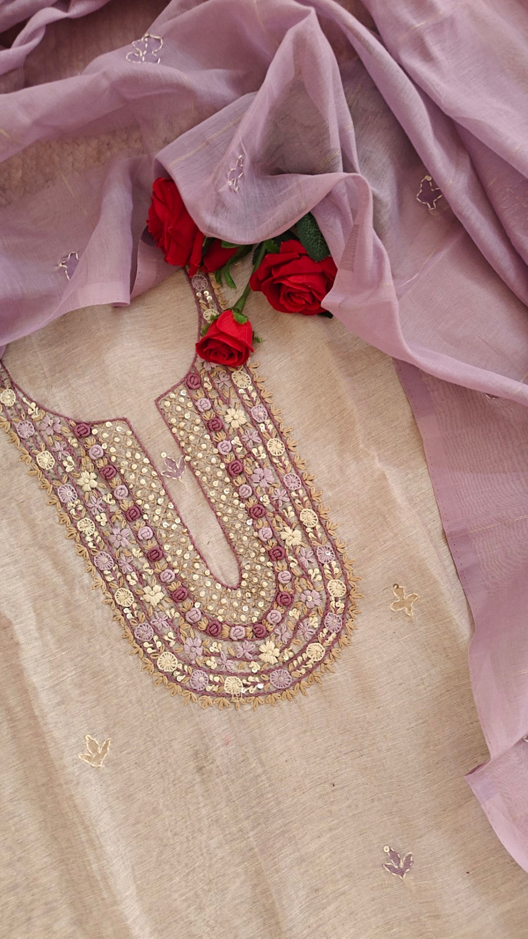 Linen Jamdani with French Knot embroidery dress material