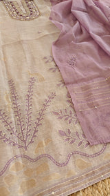 Linen Jamdani with French Knot embroidery dress material