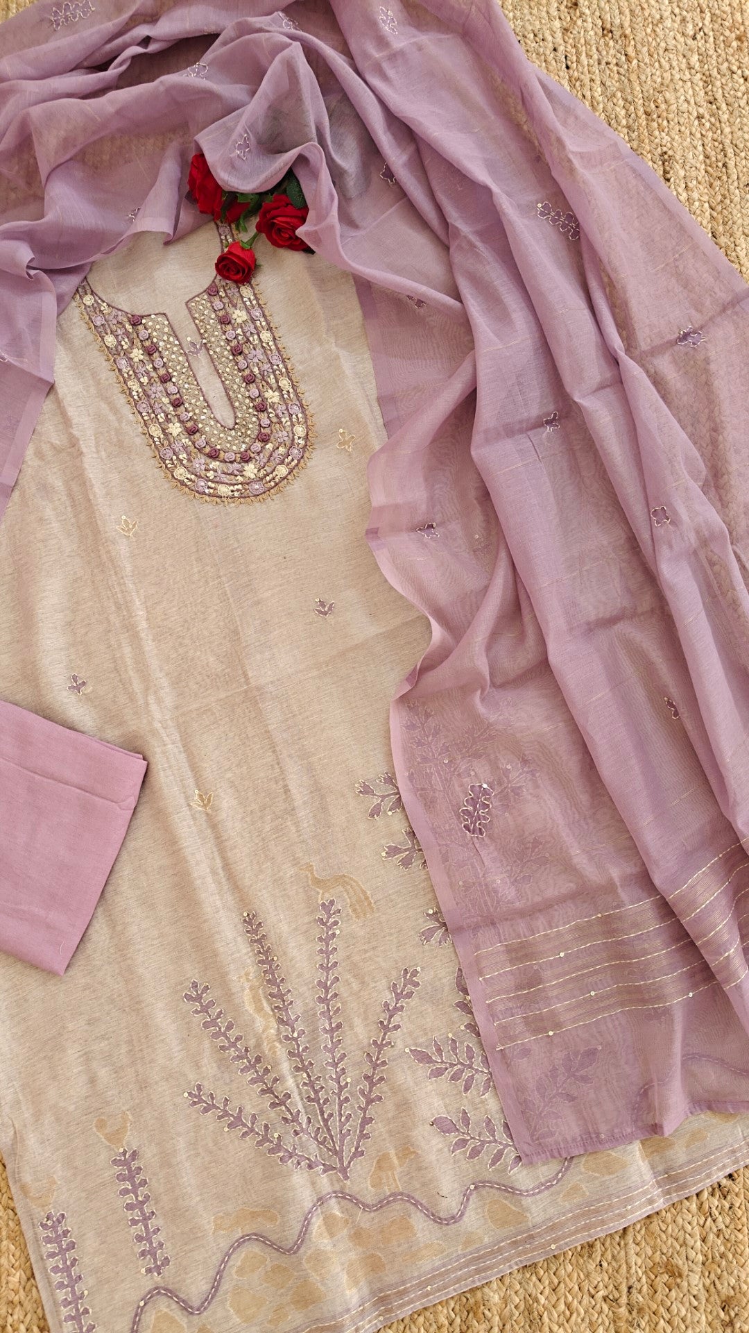 Linen Jamdani with French Knot embroidery dress material