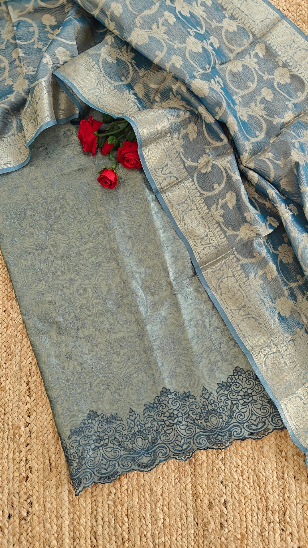 Blue tissue with cutwork and scallop embroidery