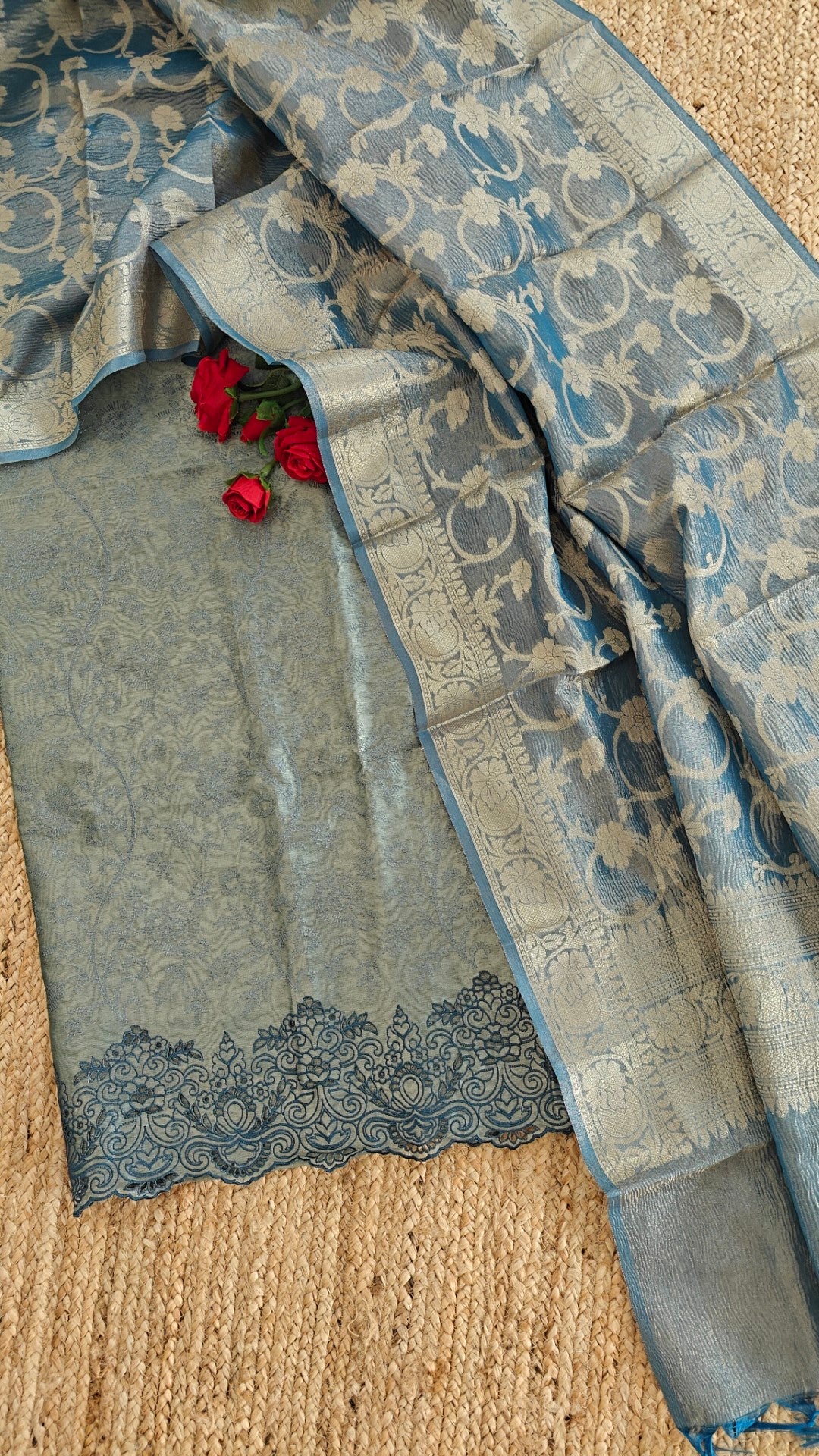 Blue tissue with cutwork and scallop embroidery