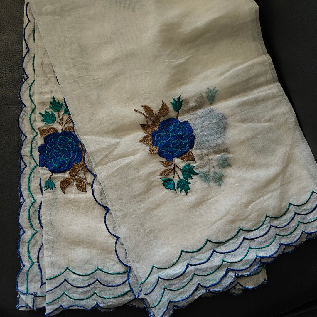 Blue Floral Pure Maheshwari with scallop border Dupatta