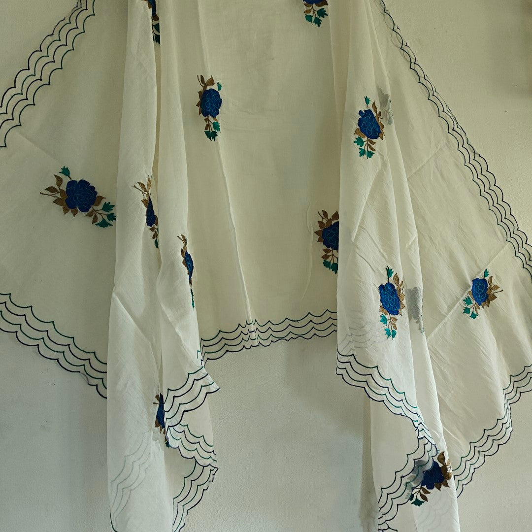 Blue Floral Pure Maheshwari with scallop border Dupatta