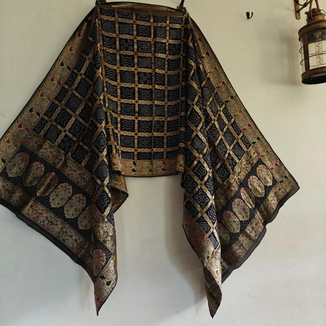 Silk Jacquard Black dupatta bandhani print