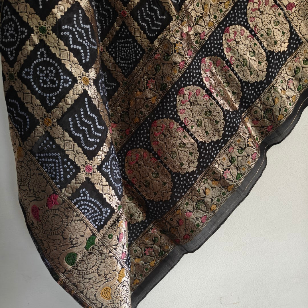 Silk Jacquard Black dupatta bandhani print