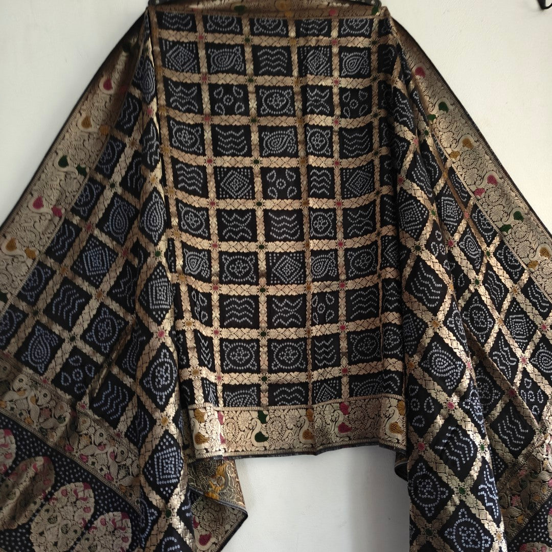 Silk Jacquard Black dupatta bandhani print