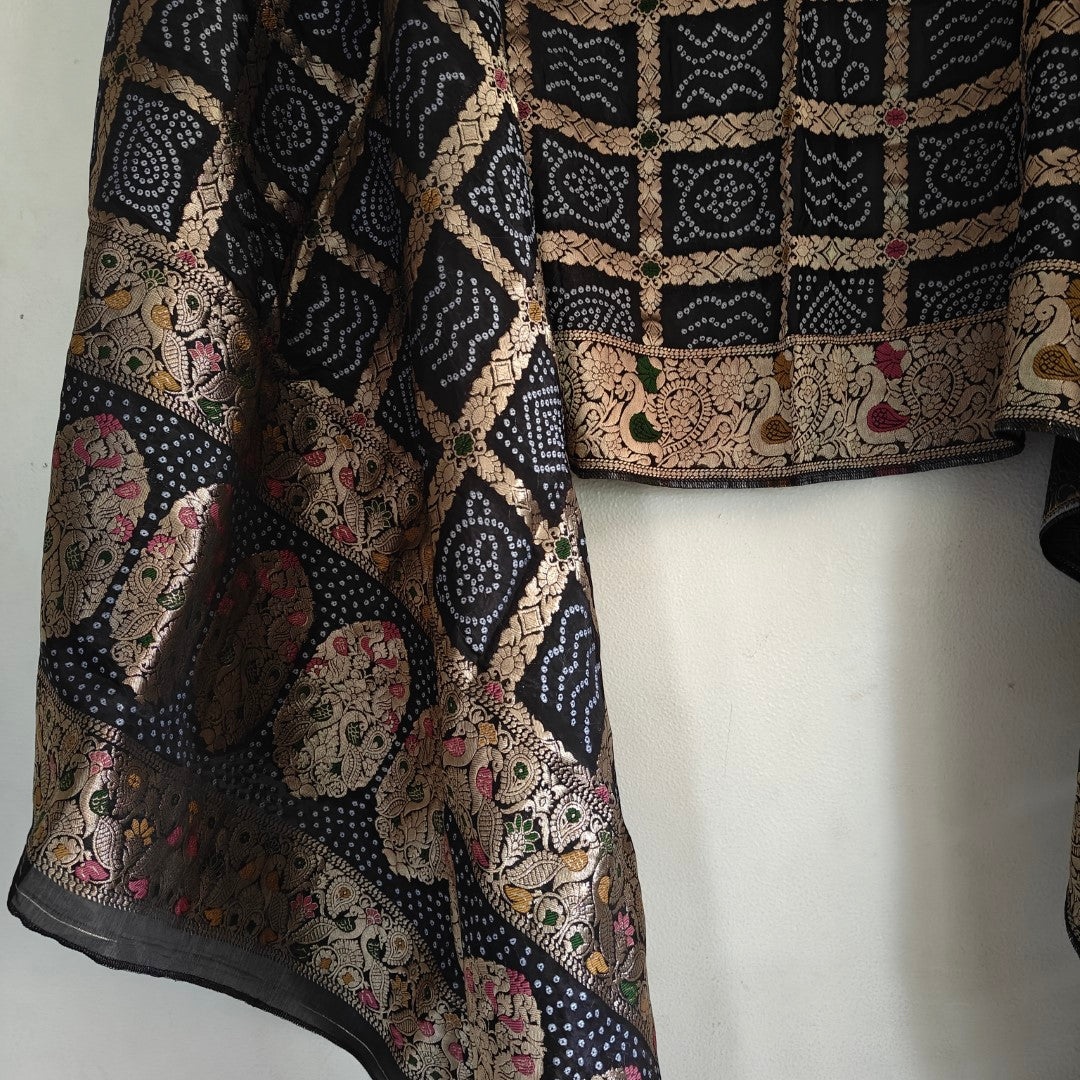 Silk Jacquard Black dupatta bandhani print