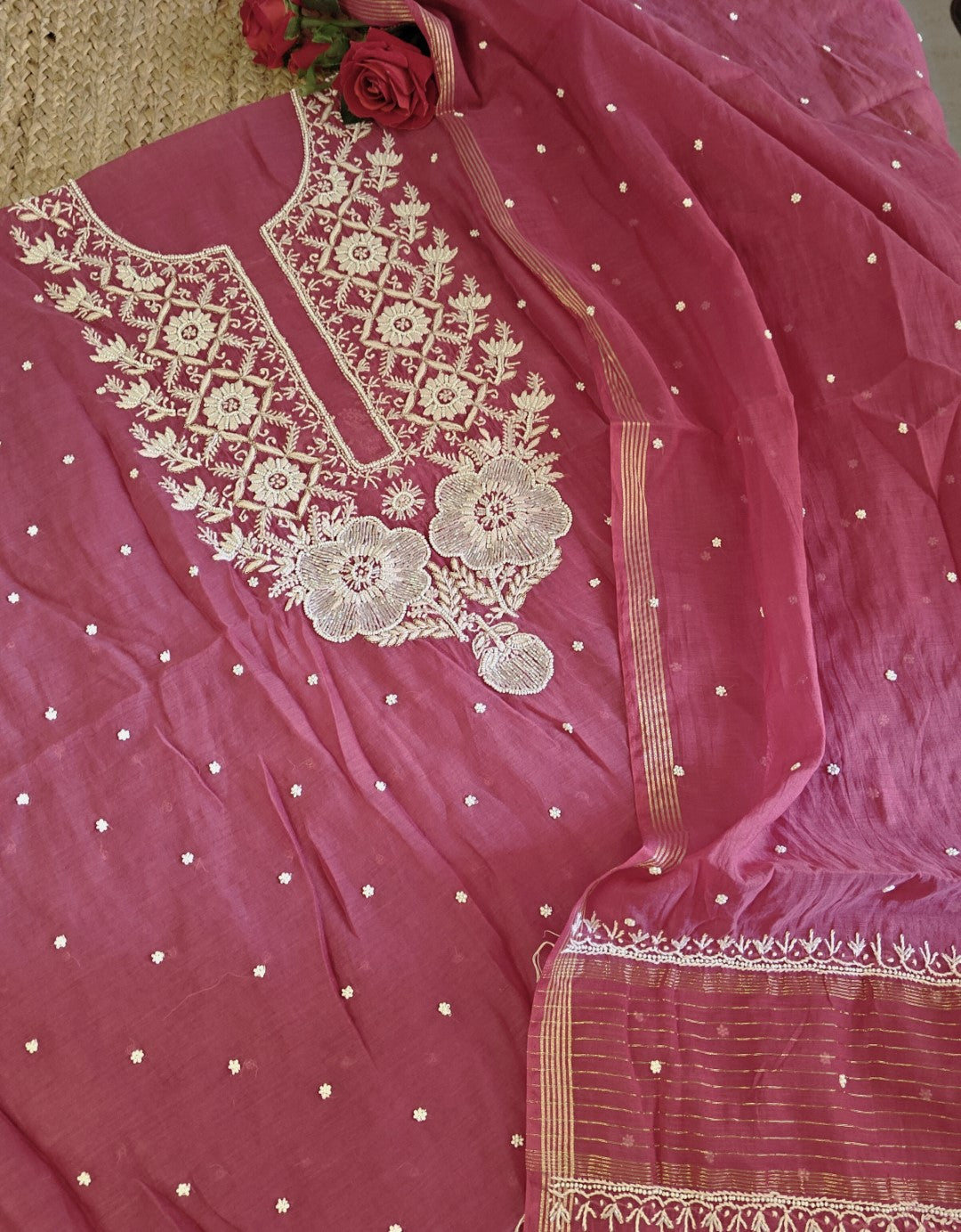 Wine Color Pure Mul handwork chikankari Kurta Dupatta set