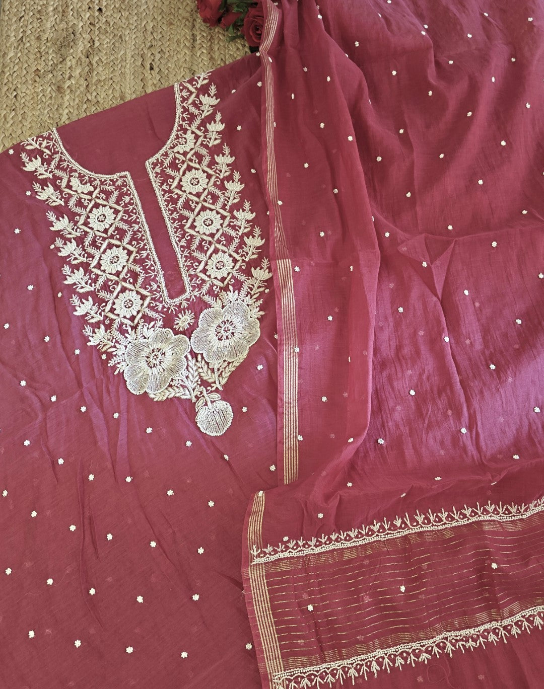 Wine Color Pure Mul handwork chikankari Kurta Dupatta set