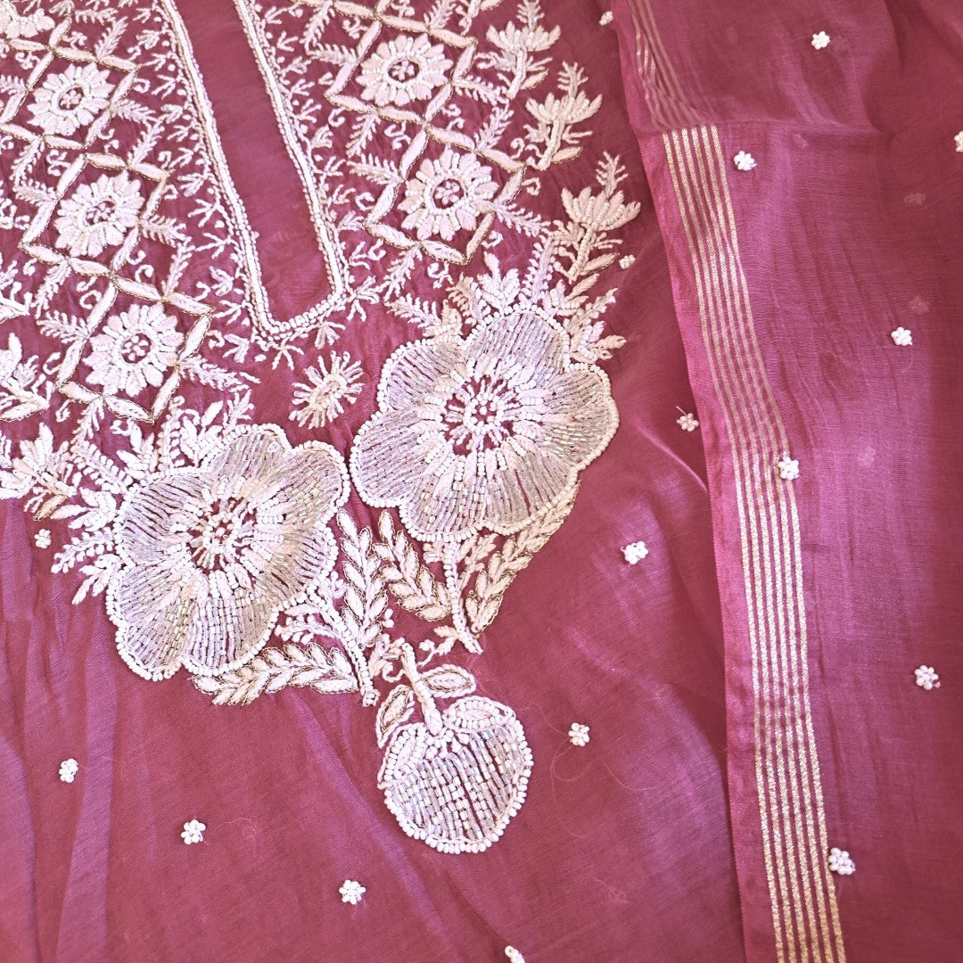 Wine Color Pure Mul handwork chikankari Kurta Dupatta set