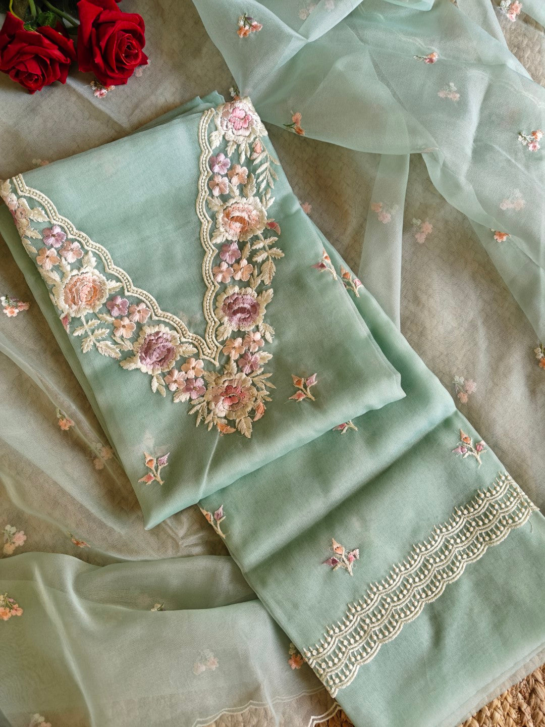 Parsi Embroidery Aqua Pure Organza suit