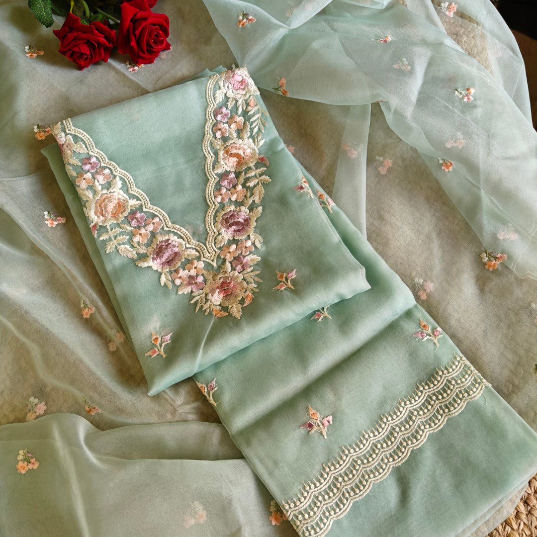 Parsi Embroidery Aqua Pure Organza suit