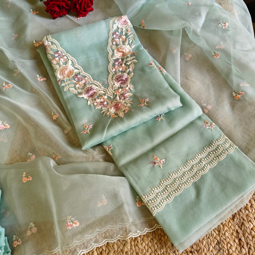 Parsi Embroidery Aqua Pure Organza suit