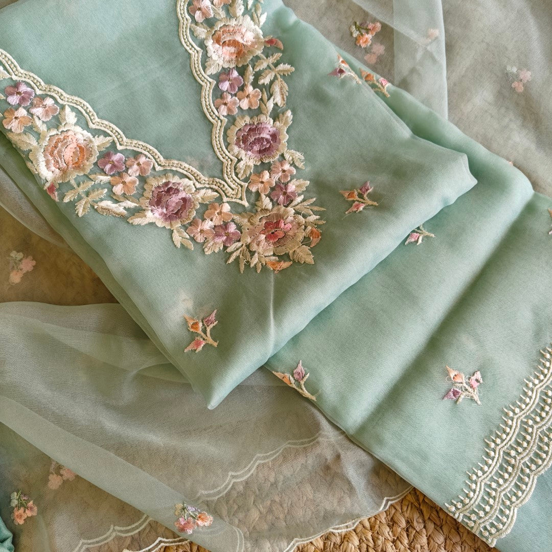 Parsi Embroidery Aqua Pure Organza suit