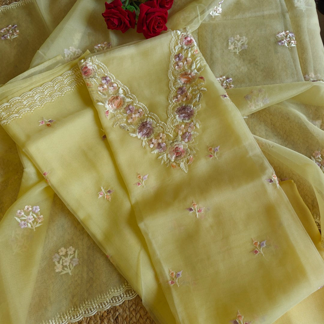 Parsi Embroidery Yellow Pure Organza suit