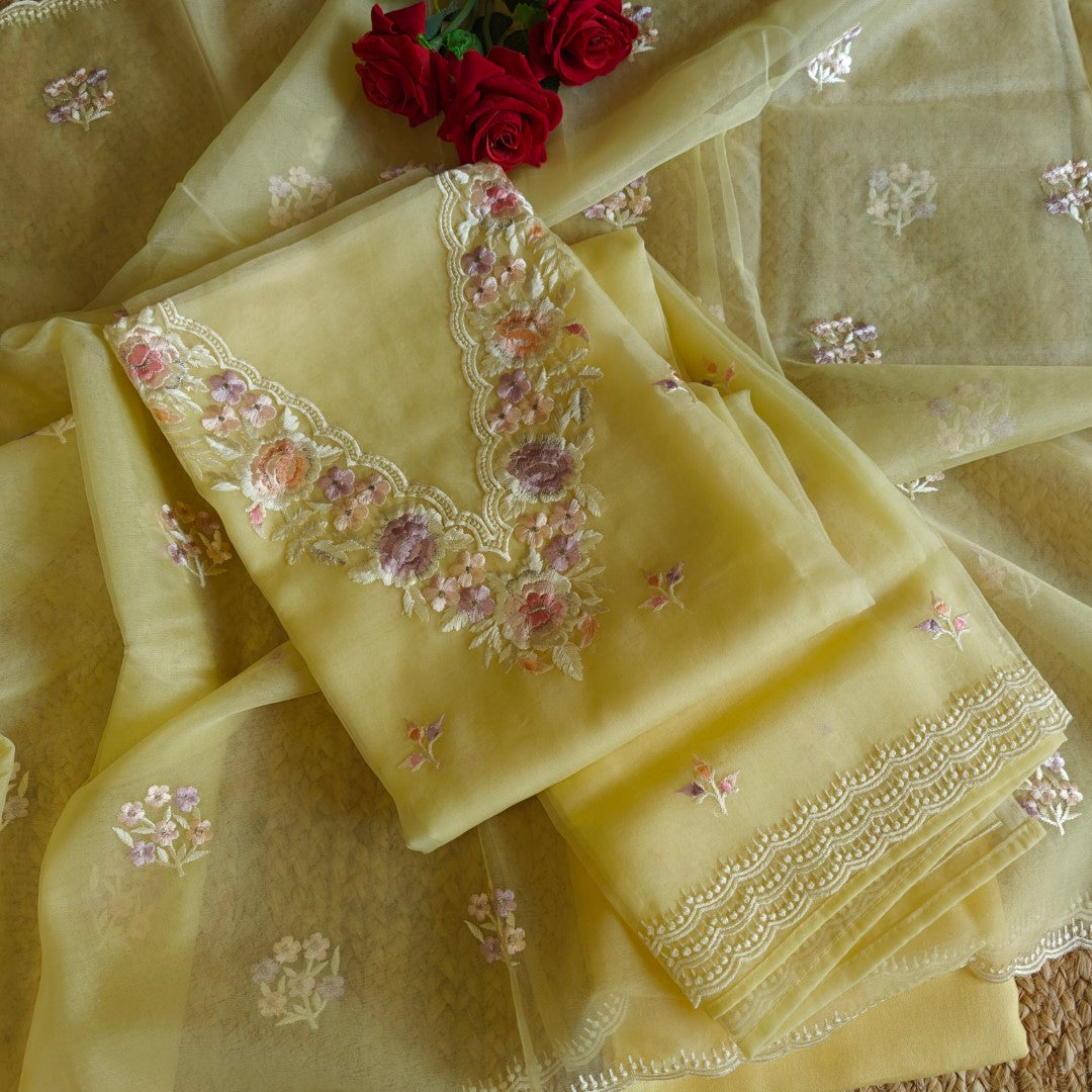 Parsi Embroidery Yellow Pure Organza suit