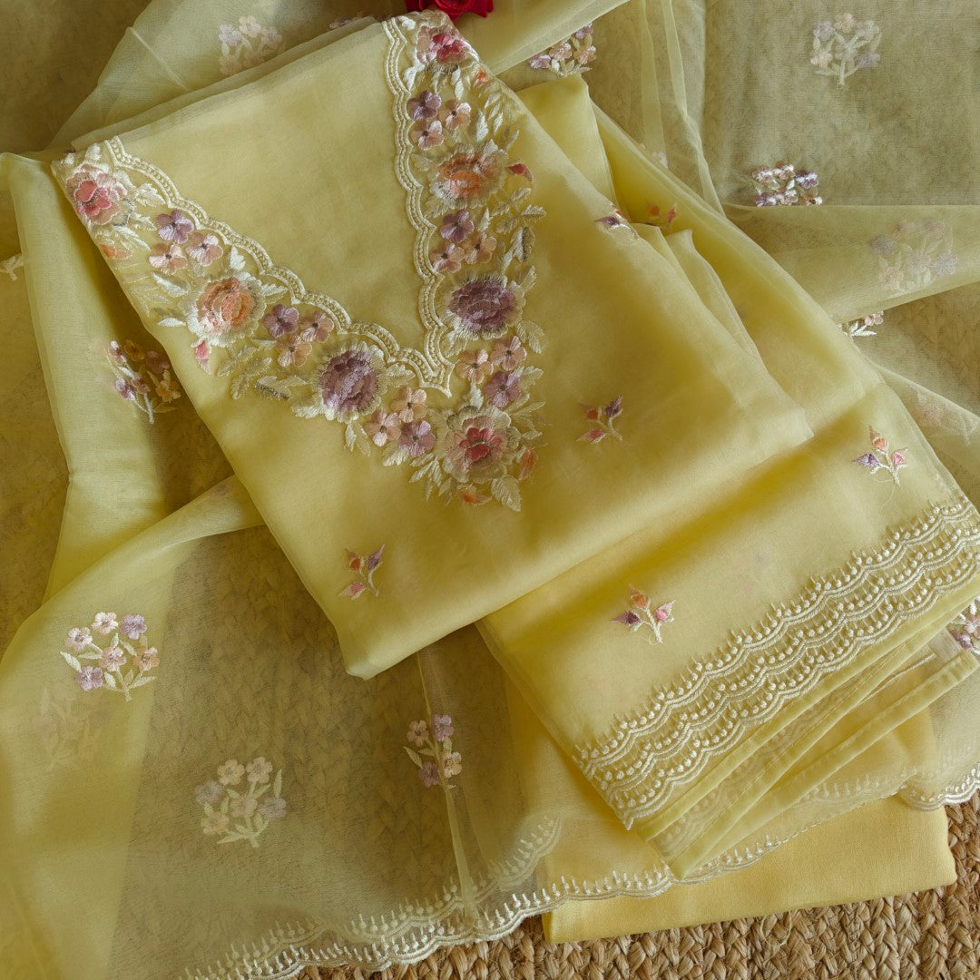 Parsi Embroidery Yellow Pure Organza suit