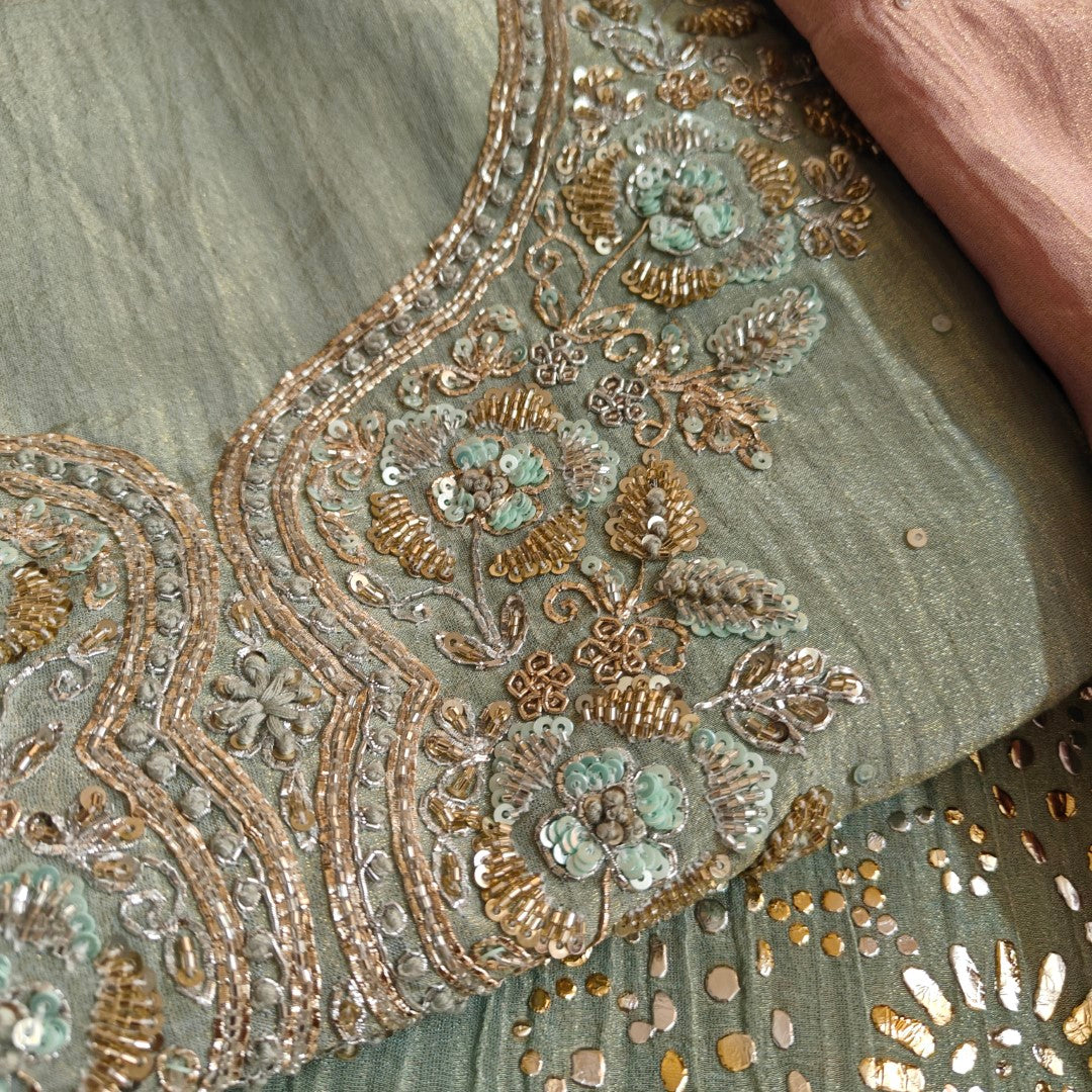 Hand Embroidery on Pure Crush Tissue in Pista Green color dress material