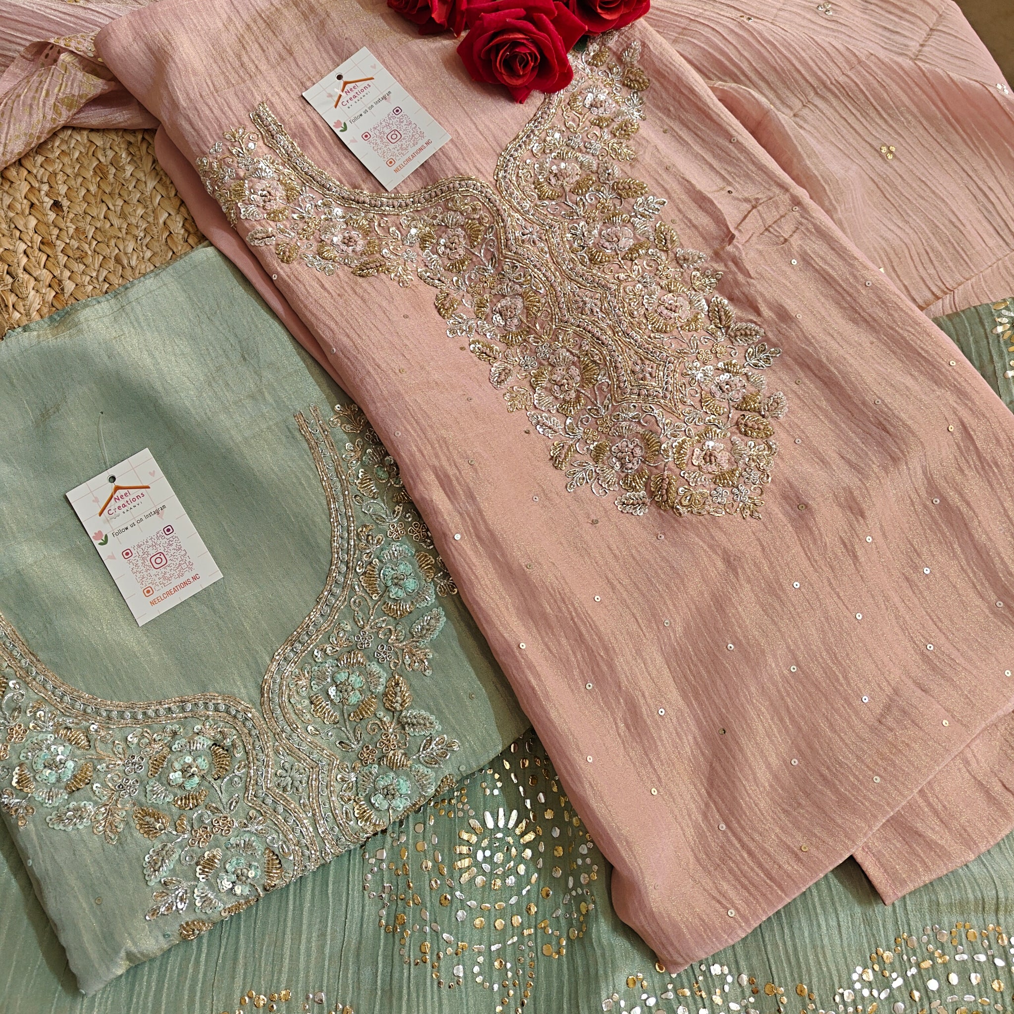 Hand Embroidery on Pure Crush Tissue in Pista Green color dress material