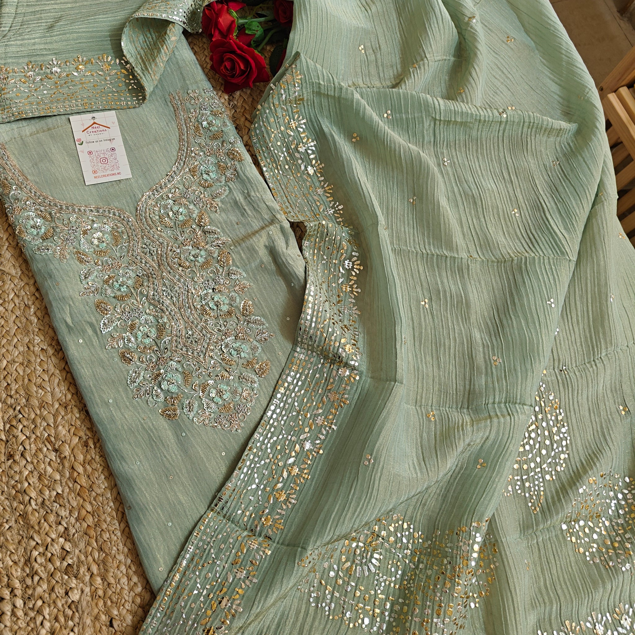 Hand Embroidery on Pure Crush Tissue in Pista Green color dress material