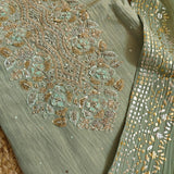 Hand Embroidery on Pure Crush Tissue in Pista Green color dress material