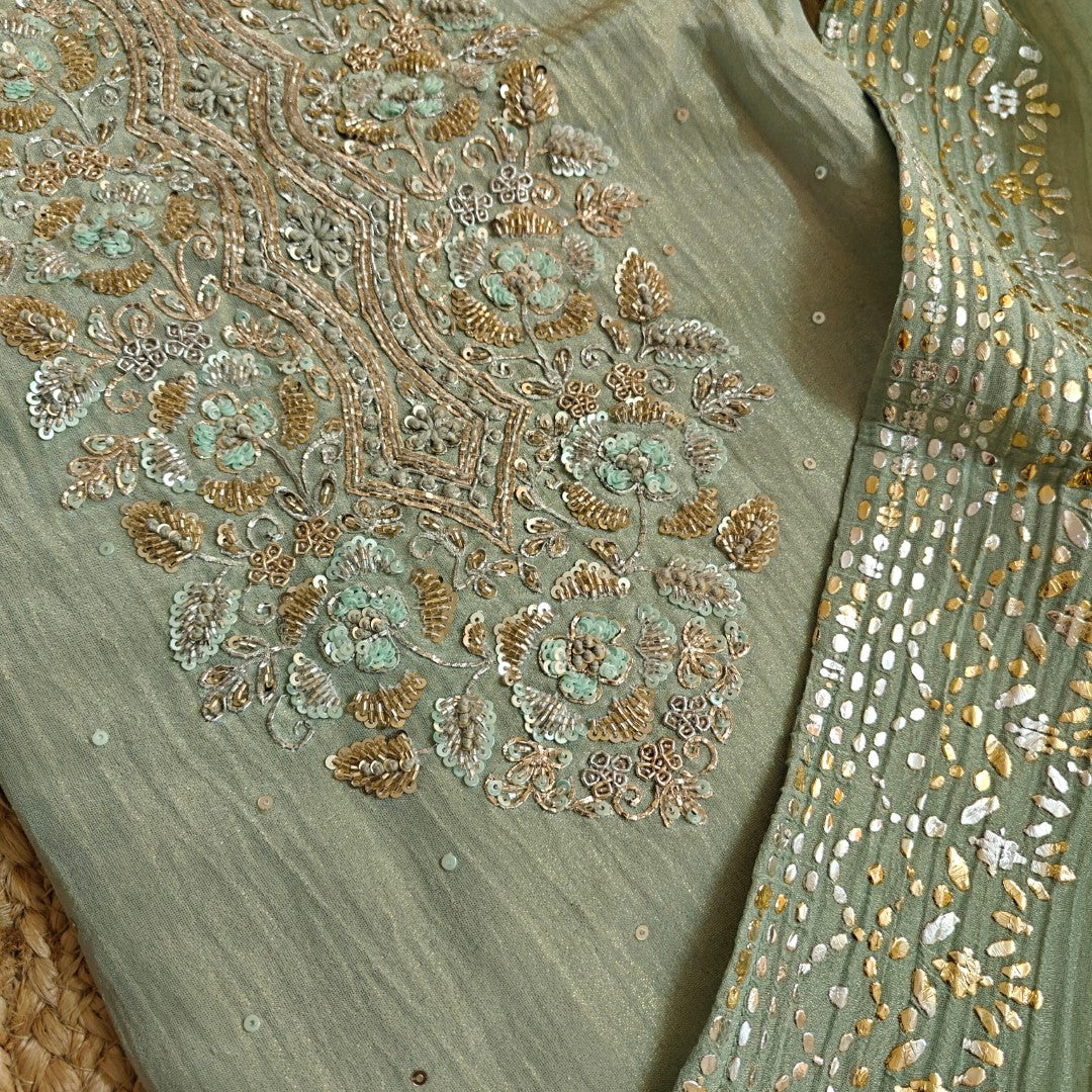 Hand Embroidery on Pure Crush Tissue in Pista Green color dress material