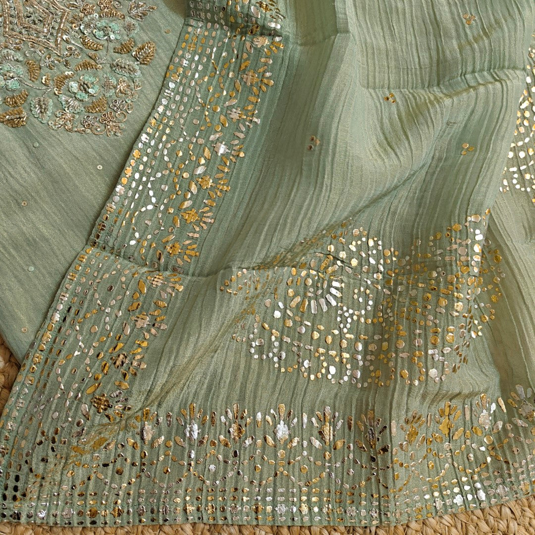 Hand Embroidery on Pure Crush Tissue in Pista Green color dress material