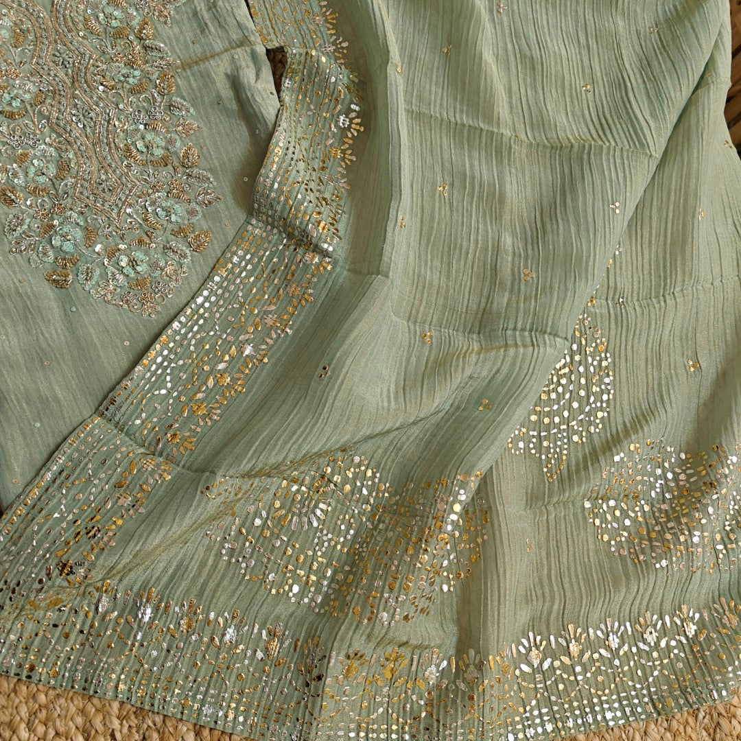 Hand Embroidery on Pure Crush Tissue in Pista Green color dress material