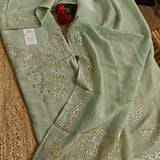Hand Embroidery on Pure Crush Tissue in Pista Green color dress material