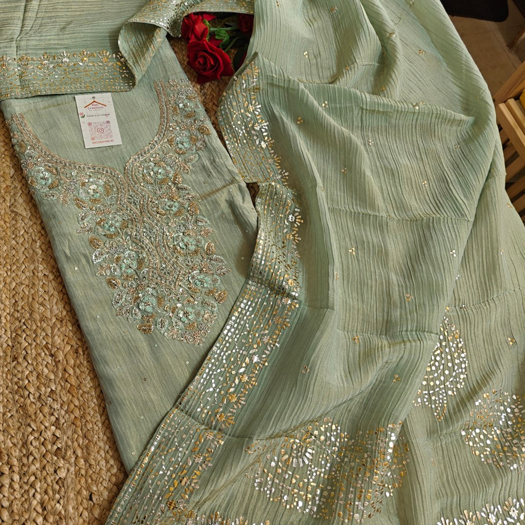 Hand Embroidery on Pure Crush Tissue in Pista Green color dress material