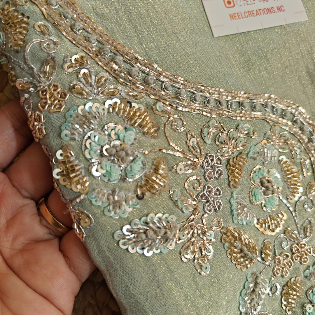 Hand Embroidery on Pure Crush Tissue in Pista Green color dress material