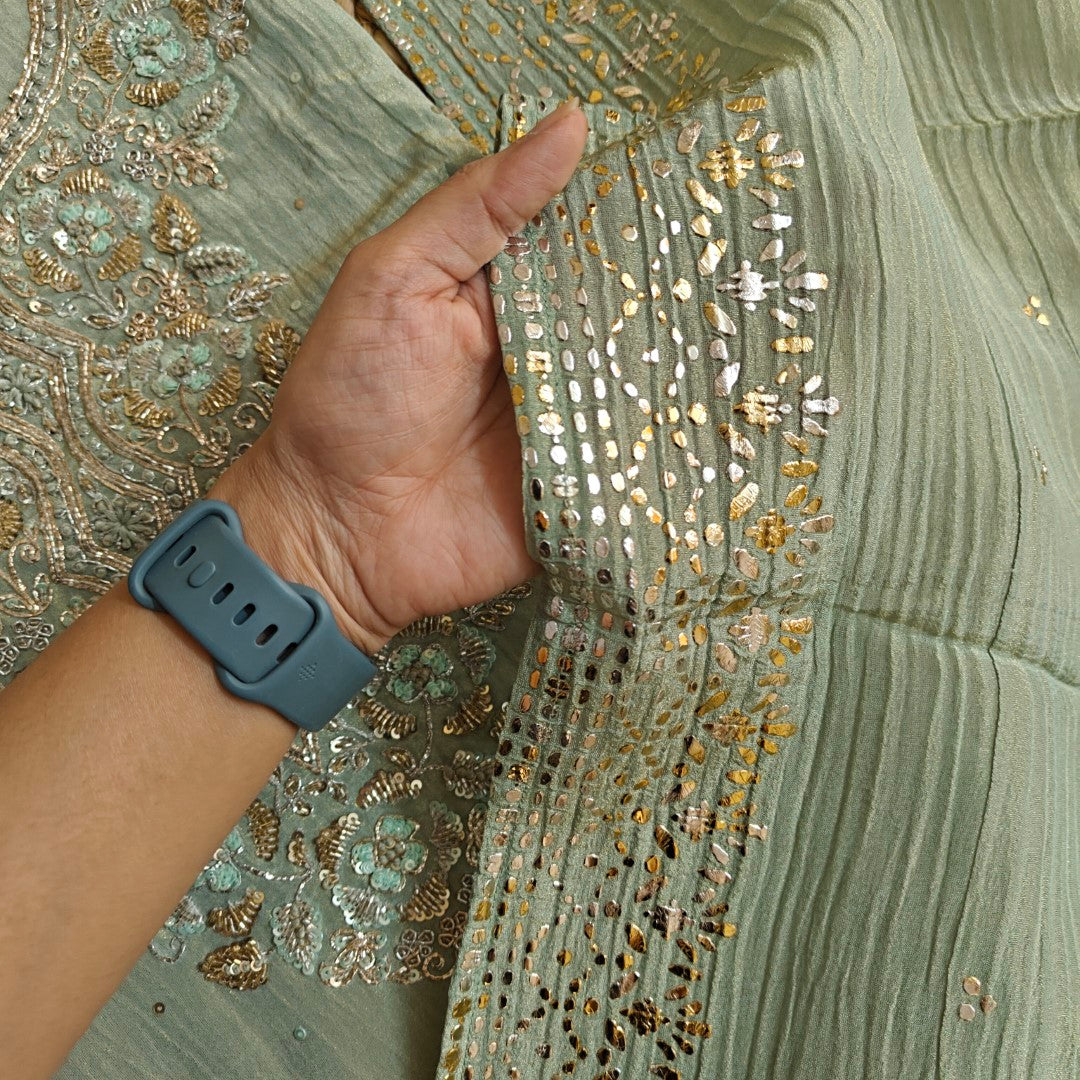Hand Embroidery on Pure Crush Tissue in Pista Green color dress material