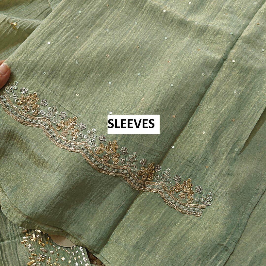 Hand Embroidery on Pure Crush Tissue in Pista Green color dress material