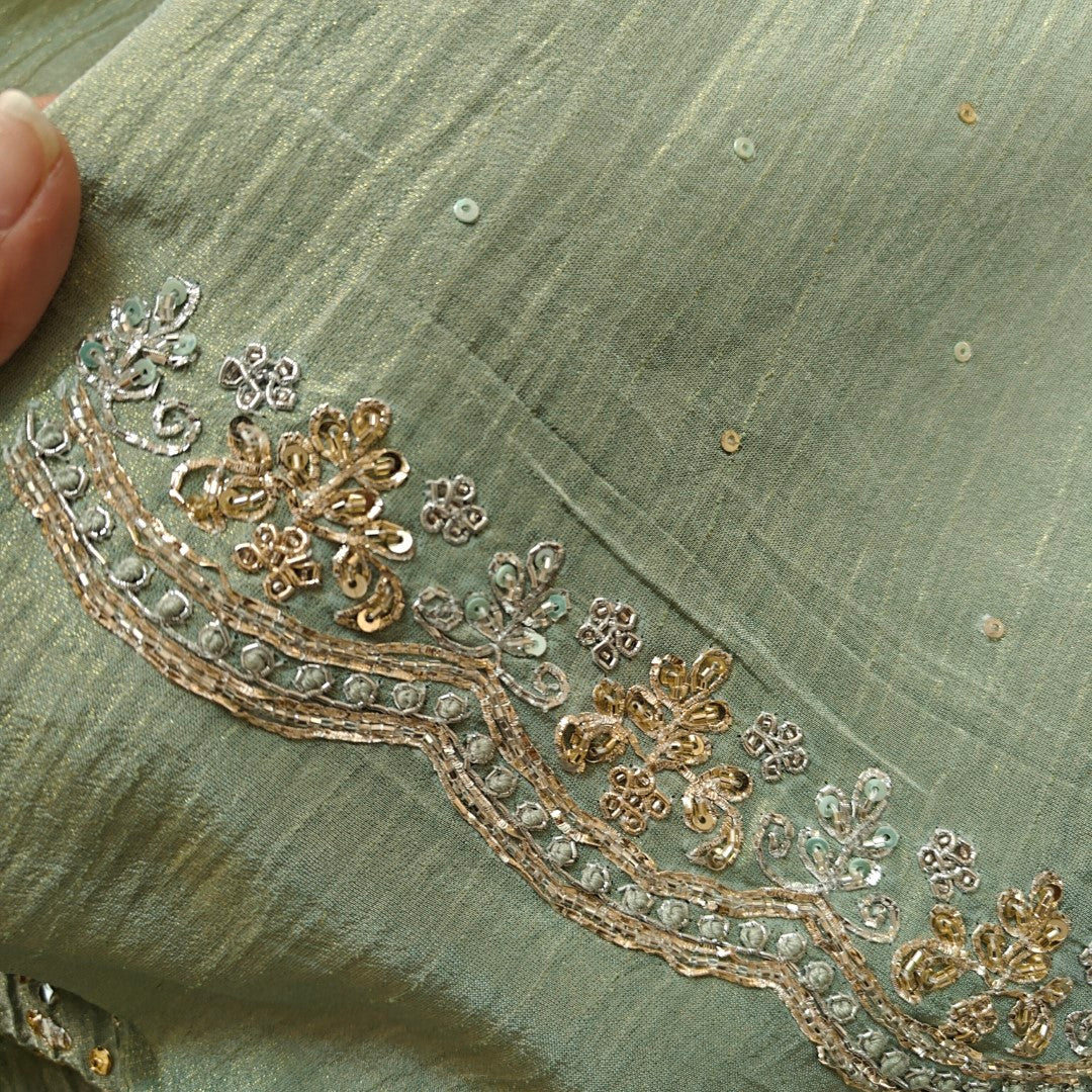 Hand Embroidery on Pure Crush Tissue in Pista Green color dress material