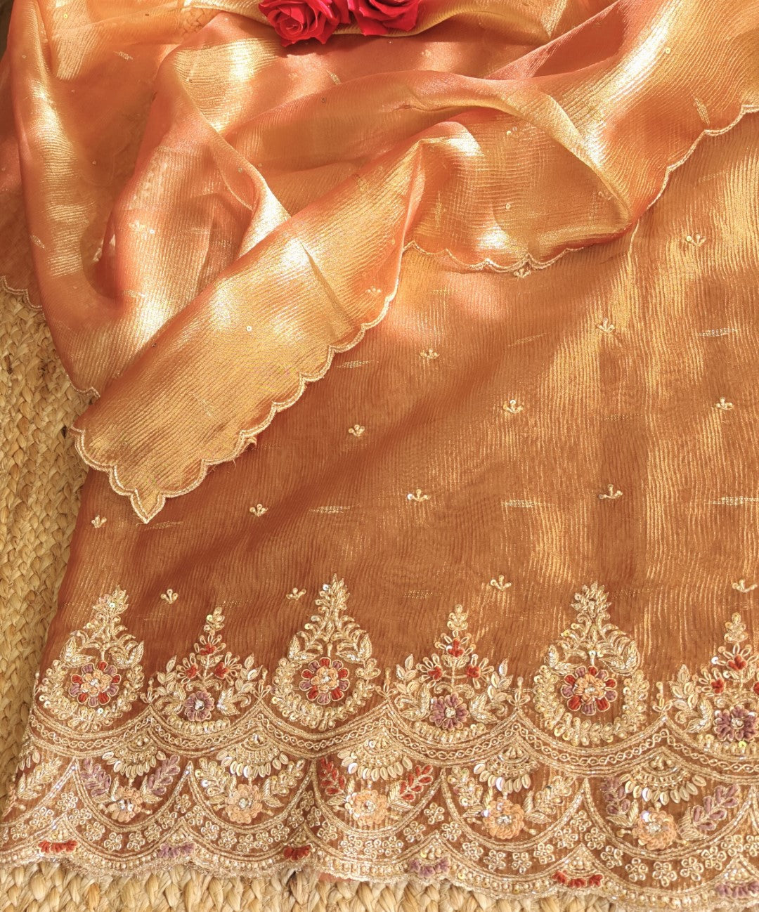 Rich Hand Embroidery on Pure Crush Tissue dress material