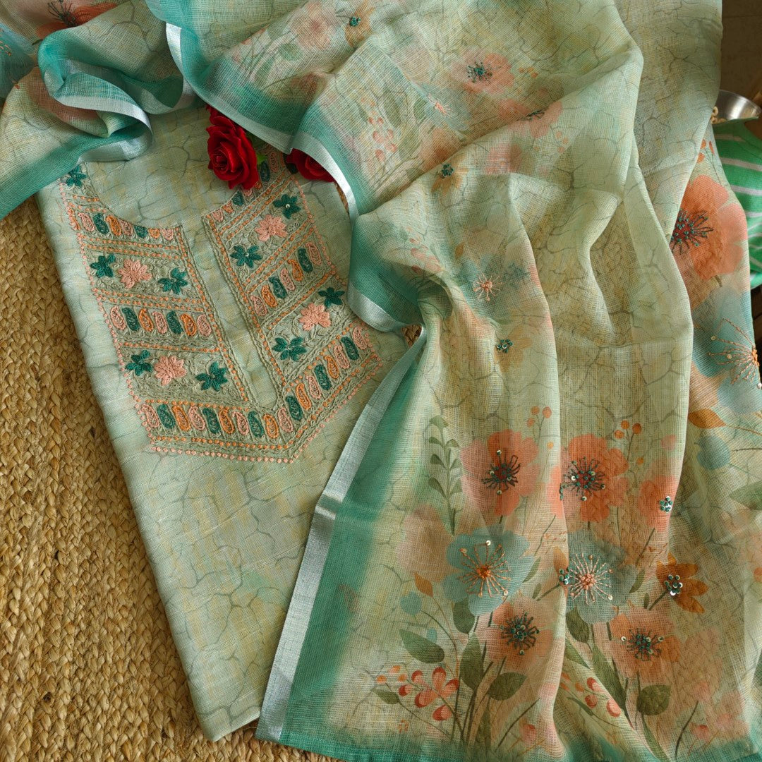 Hand Embroidery Semi linen Salwar suit material