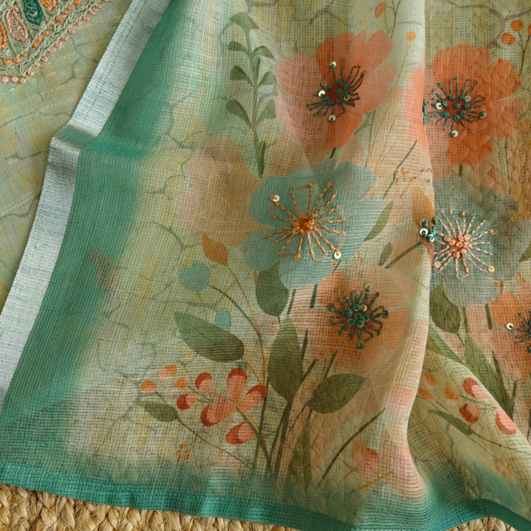 Hand Embroidery Semi linen Salwar suit material